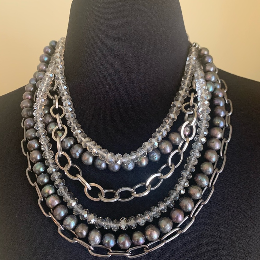 Multi chain gray pearl statement necklace